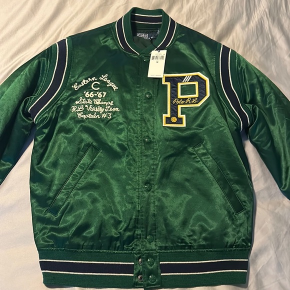 POLO RALPH LAUREN Men's Forest Green Satin Letterman Varsity Jacket size M - Picture 5 of 7